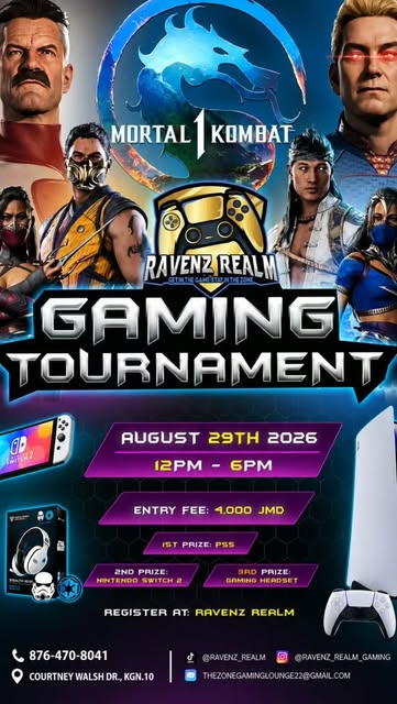 Ravenz Realm Mortal Kombat 1 tournament flyer showing the date, entry fee and prizes